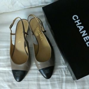 Elegant low heel grey Chanel slingbacks